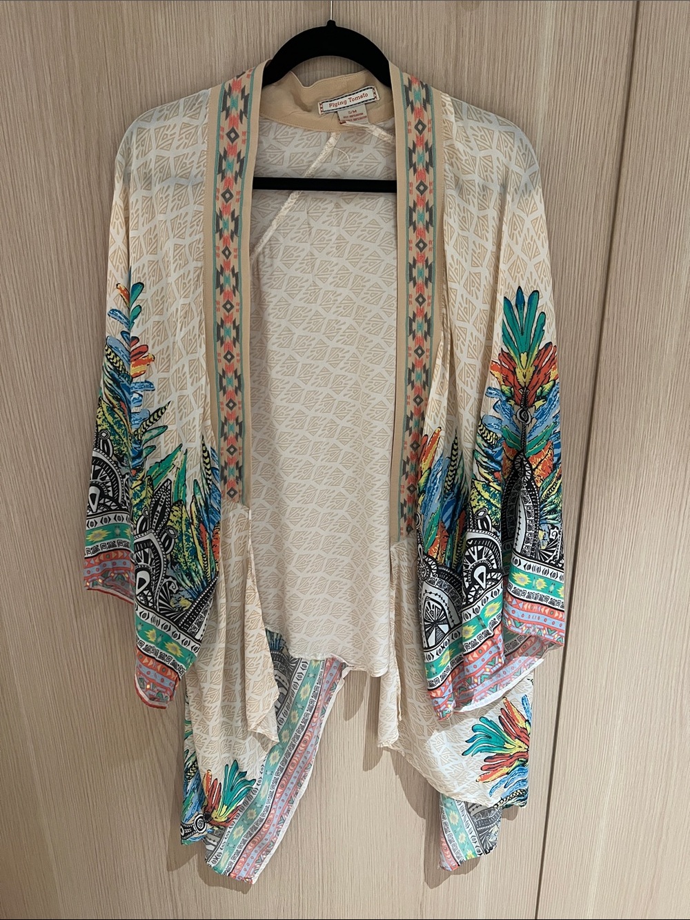 Flying Tomato Cream Open-Front Kimono with Multicolor Feather Motif